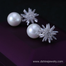 Crystal Zircon Pearl Earrings Stud Snowflake Shape Earring